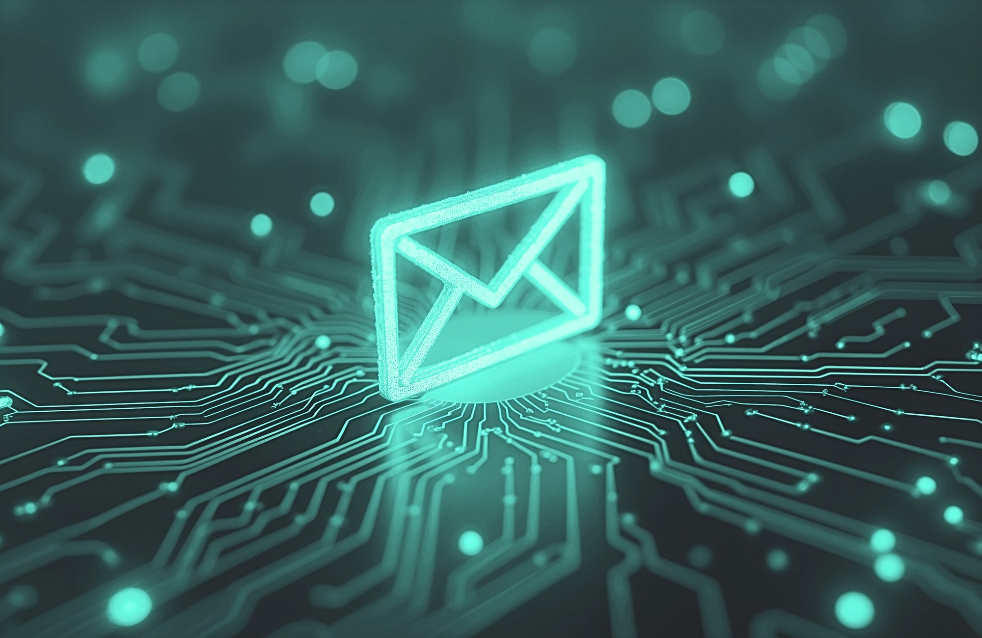 Futuristic Email Concept. Glowing Envelope Symbol Rests on Glowing Digital Circuit Board. Virtual Communication, Secure Message, Tech Correspondence, Secure Data Transmission, High Tech Message, - Edited - Edi-1